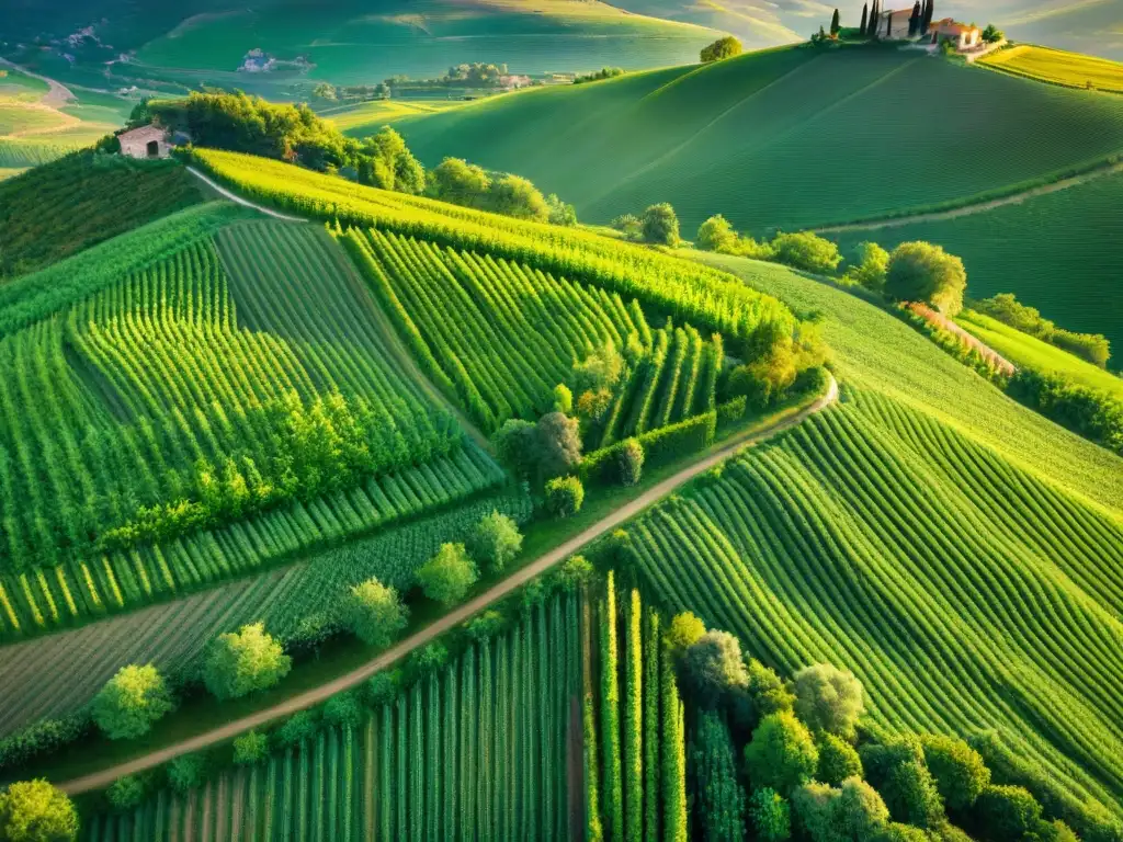 Hospitalidad italiana en campo: Vista aérea impresionante de colinas verdes salpicadas de granjas y viñedos bajo la luz dorada del atardecer