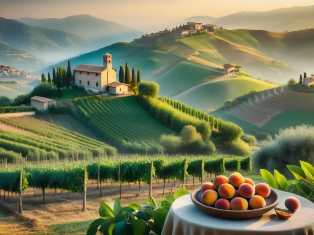 Un huerto italiano bañado por el sol con frutas maduras y coloridas como duraznos, naranjas y higos, muestra la conservación frutas estilo italiano