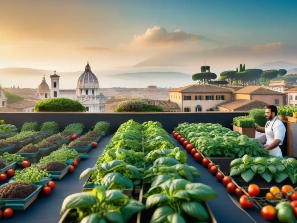 Un huerto urbano en Italia con chefs cosechando, bajo el sol dorado, fusionando tradición y modernidad en la cocina italiana