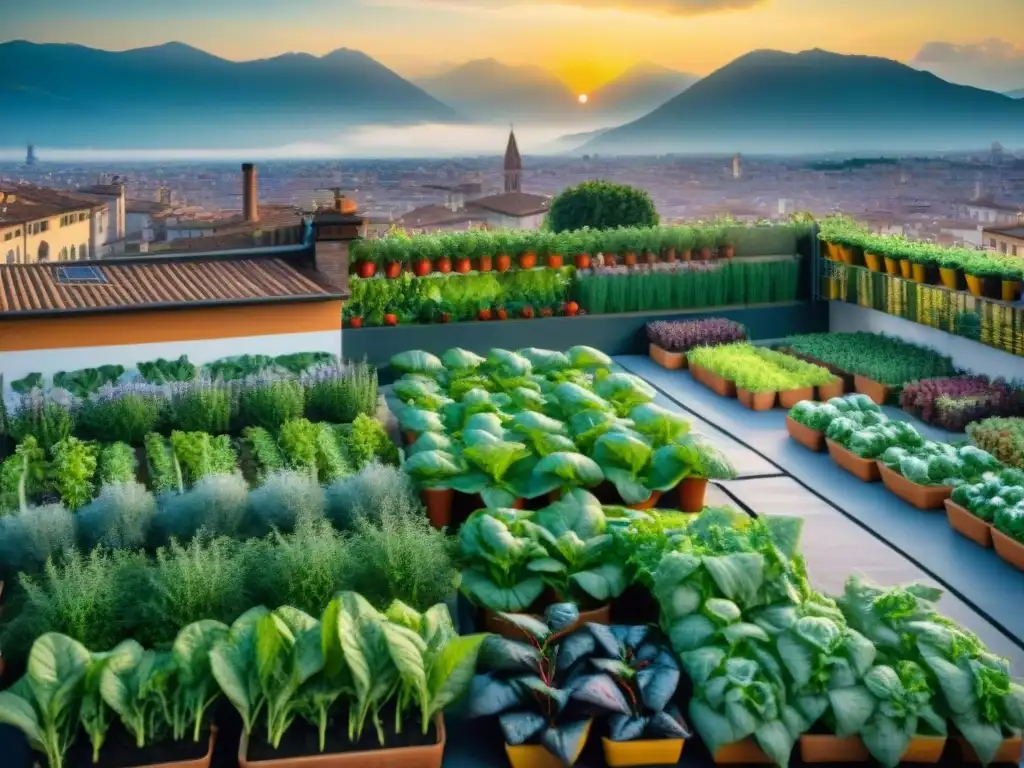 Huerto urbano italiano al atardecer con chefs y abejas, reflejando innovación en cocina italiana