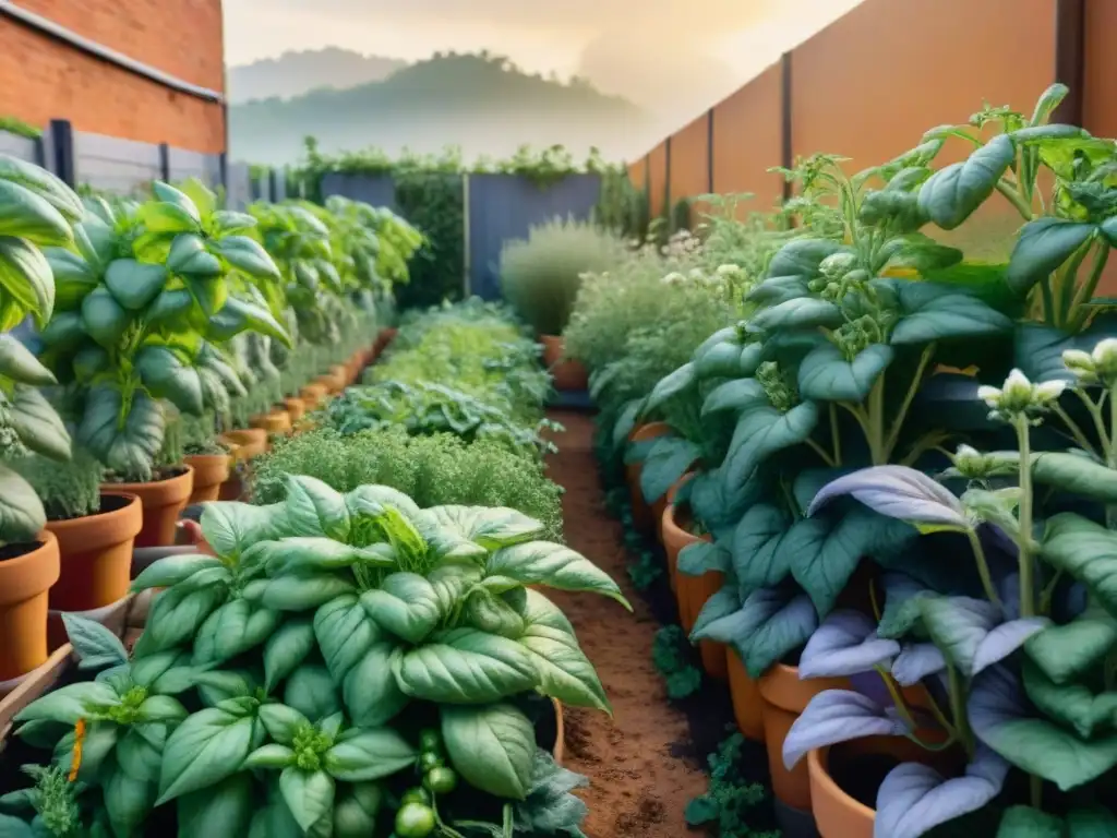 Un huerto urbano rebosante de superalimentos italianos frescos bajo la luz dorada del sol poniente, con flores, abejas y mariposas