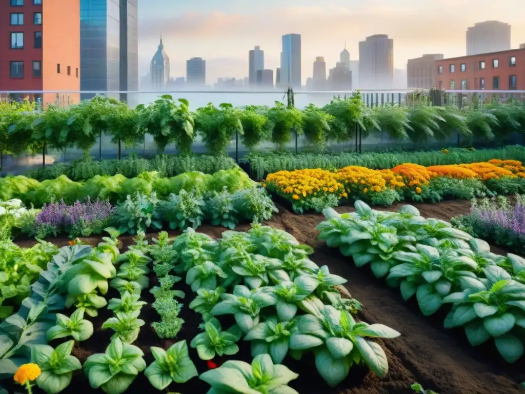 Un huerto urbano rebosante de vida con cultivos de ingredientes italianos en medio de la ciudad