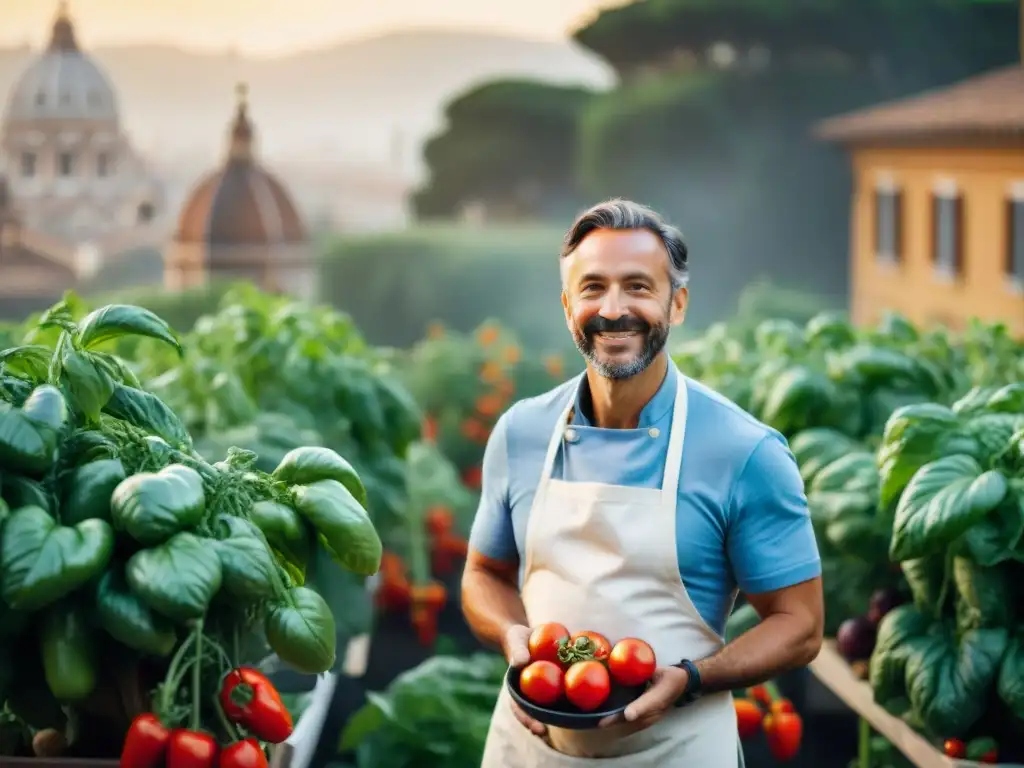 Huertos urbanos cocina italiana: Chef en Roma recolectan tomates, albahaca y pimientos en jardín urbano en la azotea al atardecer