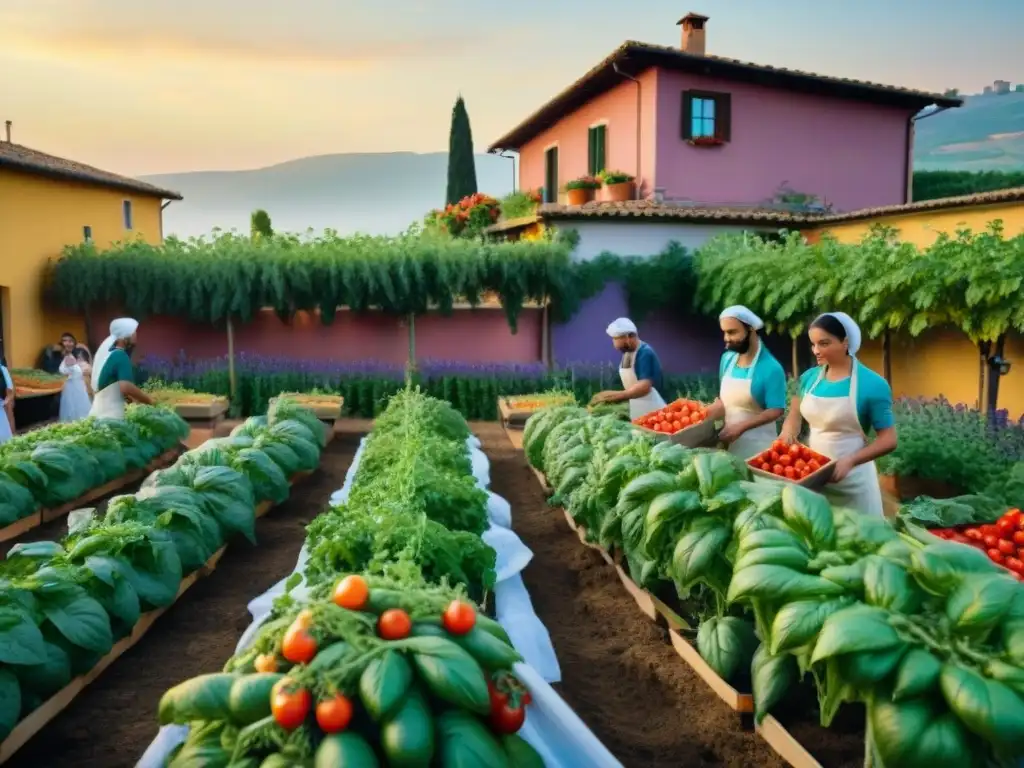 Huertos urbanos revolucionando cocina italiana: Jardín italiano bullicioso con vegetales, flores y apasionados lugareños al atardecer