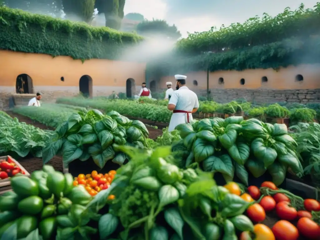 Huertos urbanos italianos: chefs cosechando en un jardín vibrante bajo el sol mediterráneo, fusionando historia y sostenibilidad