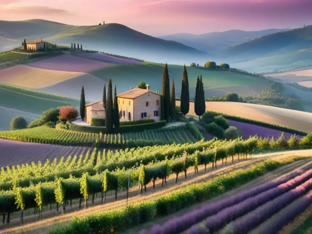 Idílica campiña italiana al atardecer con viñedos y olivares, casa de piedra y luz dorada