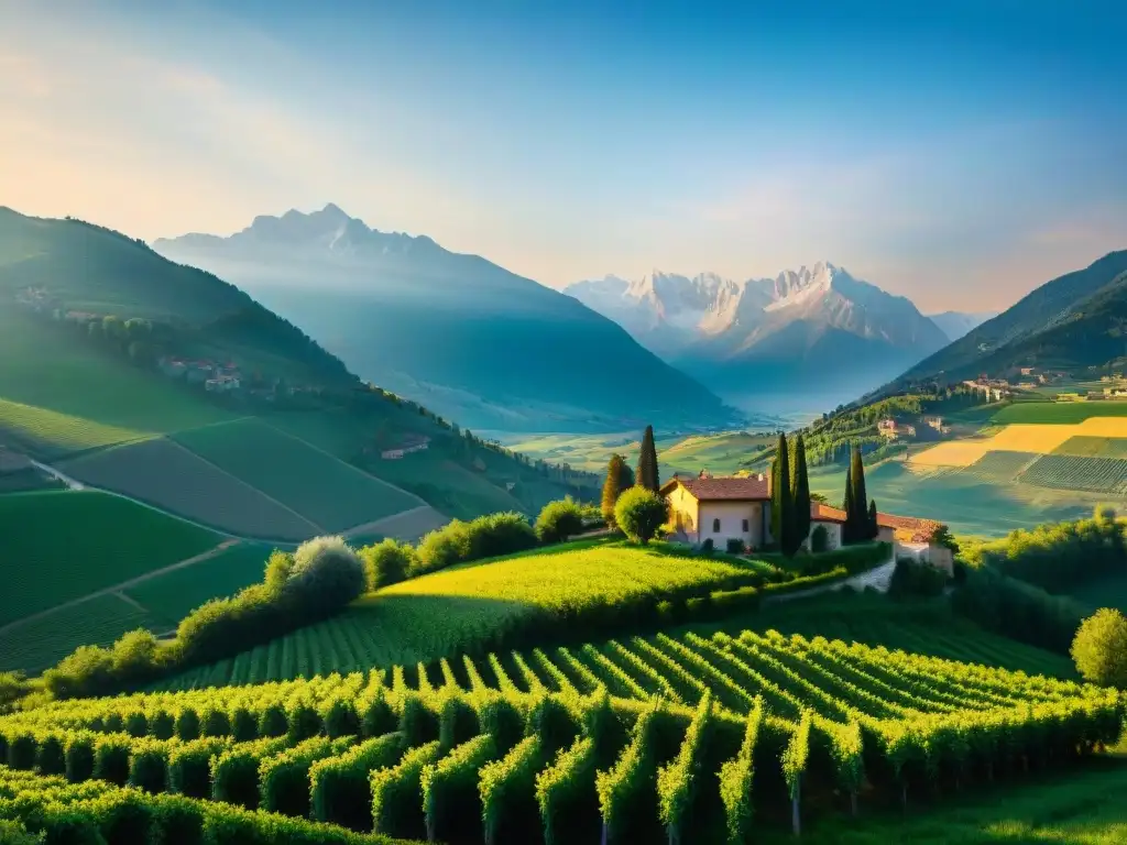 Idílica escena en Lombardía con colinas verdes, pueblos pintorescos y montañas nevadas al fondo, bañada por cálida luz solar