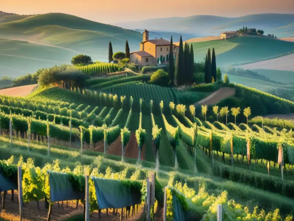 Idílica escena de viñedos de la Toscana al atardecer con una señal hacia una estancia en viñedos italianos lujo