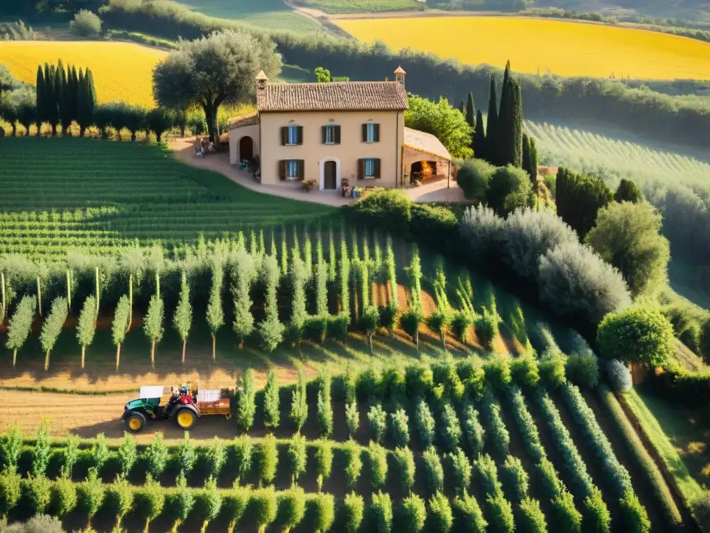 Agroturismo en Italia: Belleza rural y cocina auténtica en la Toscana Idílica granja italiana entre viñedos y olivares bañada por la luz dorada de la Toscana