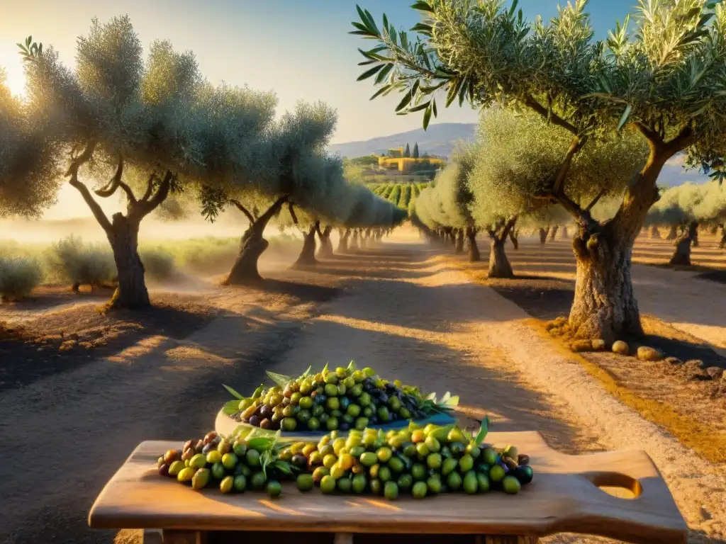 Idílica plantación de olivos al atardecer, con árboles cargados de frutos maduros y una antigua prensa de piedra