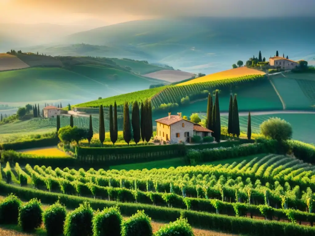 Un idílico agroturismo en comunidades rurales italianas: casa de campo rodeada de viñedos y olivos bajo el cálido atardecer