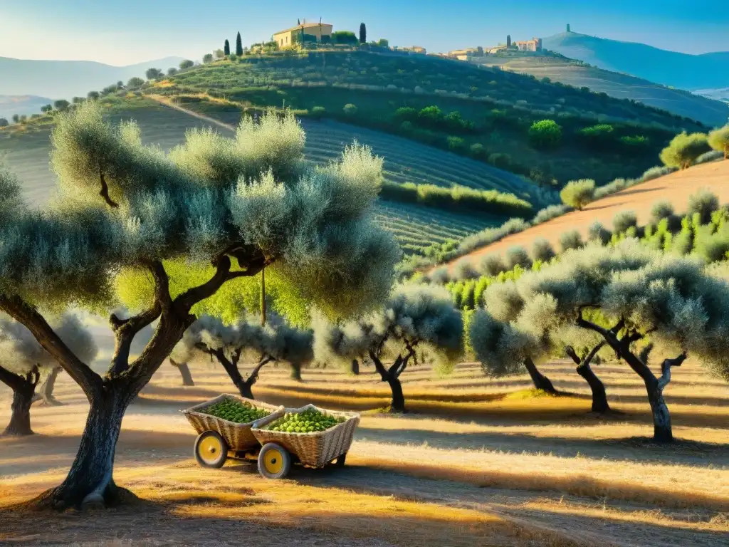 Un idílico cultivo de aceitunas en el sur de Italia durante la cosecha, bañado por la cálida luz dorada