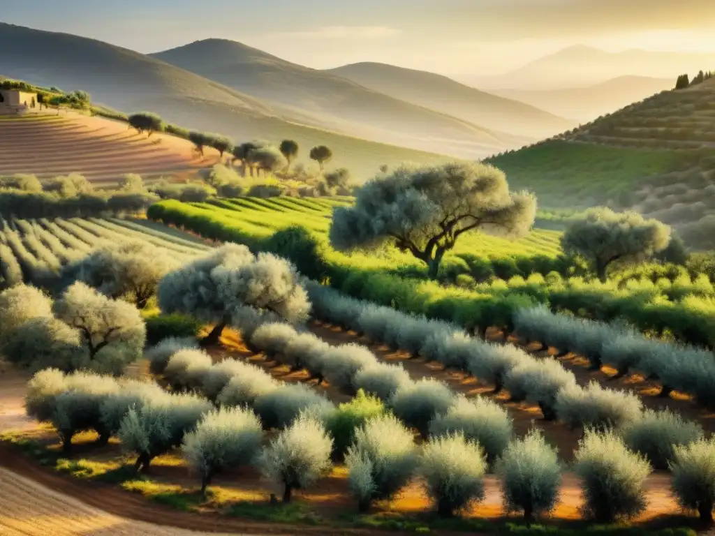 Un idílico olivar al atardecer, con antiguos árboles de olivo proyectando sombras alargadas en suelo dorado