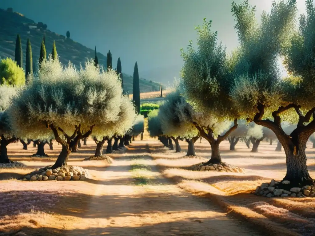 Un idílico olivar bañado por la luz dorada del sol, con árboles de aceitunas cargados de frutos maduros y una casa de campo mediterránea