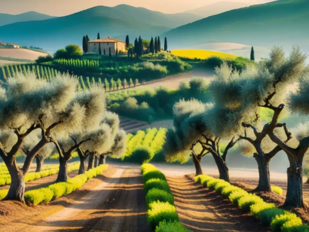 Un idílico olivar en Toscana, Italia, con olivos cargados y un agricultor local