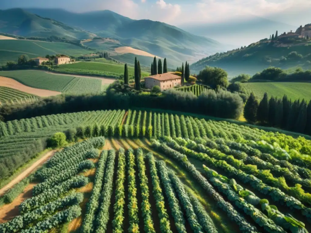 Un idílico paisaje de una granja orgánica en Toscana, Italia, con hortalizas y frutas en armonía bajo el sol