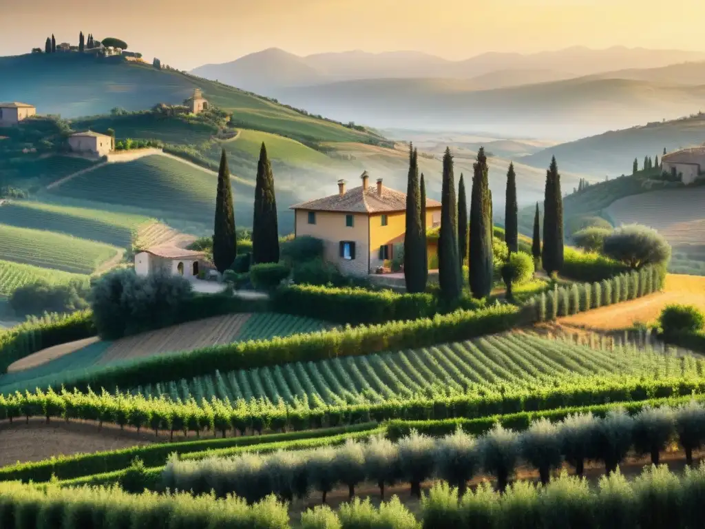 Un idílico paisaje de una granja tradicional italiana rodeada de viñedos y olivares, con agricultores locales cosechando verduras frescas