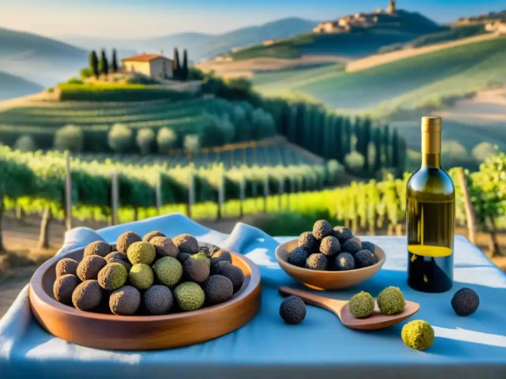 Un idílico paisaje italiano con olivares y viñedos, trufas recién cosechadas y vinos locales