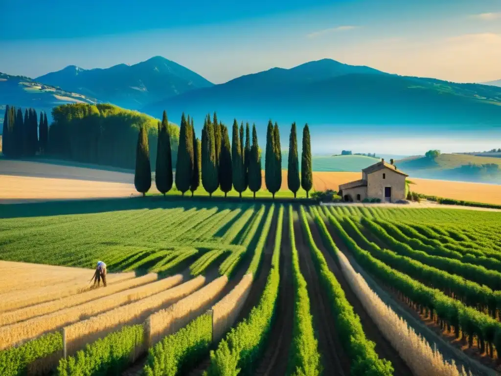 Un idílico paisaje rural italiano con campos dorados de espelta bajo un cielo azul