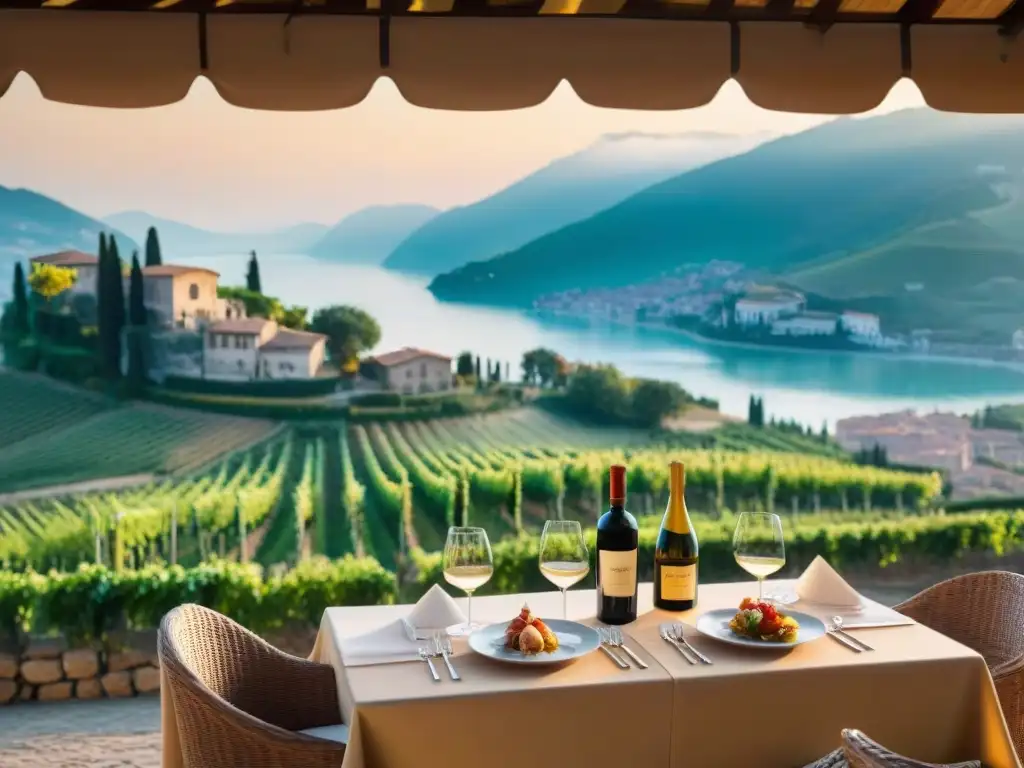 Idílico restaurante italiano con vistas al atardecer, comensales elegantes brindando en terraza al aire libre