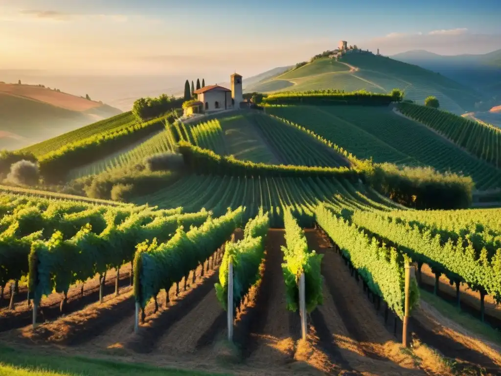 Viñedo italiano al atardecer: tradición y belleza en Prosecco Un idílico viñedo italiano al atardecer, donde agricultores cuidan uvas Prosecco