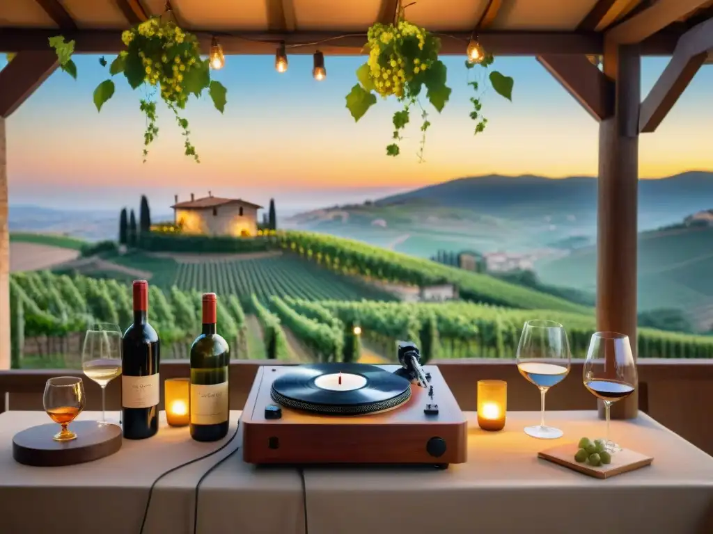 Un idílico viñedo italiano al atardecer, con viñedos verdes y una mesa de vinos italianos, todo iluminado por luces de cuerda