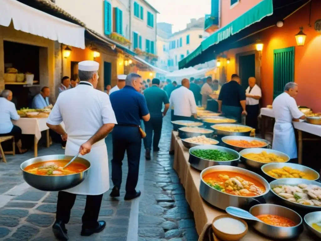 La imagen muestra el bullicio del Festival de Sopa de Pescado en San Vito Lo Capo, con colores vibrantes y deliciosa comida marina