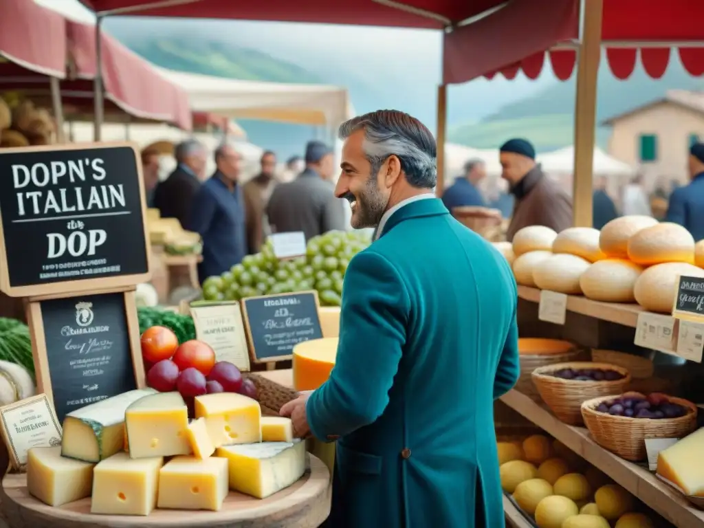 Imagen de un bullicioso mercado italiano con puestos coloridos llenos de productos DOP e IGP como queso, aceite de oliva y vino