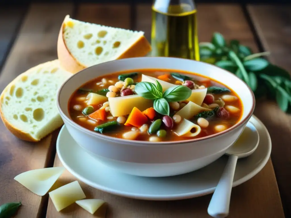 Una imagen detallada de un reconfortante plato de sopa minestrone italiana, con ingredientes vibrantes y queso parmesano