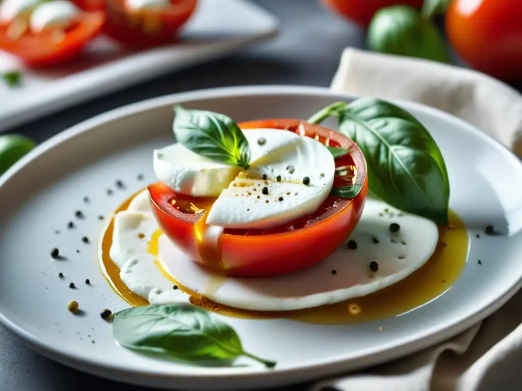 Una imagen detallada y vibrante de una Ensalada Caprese receta tradicional con tomate maduro, mozzarella, aceite de oliva y albahaca fresca