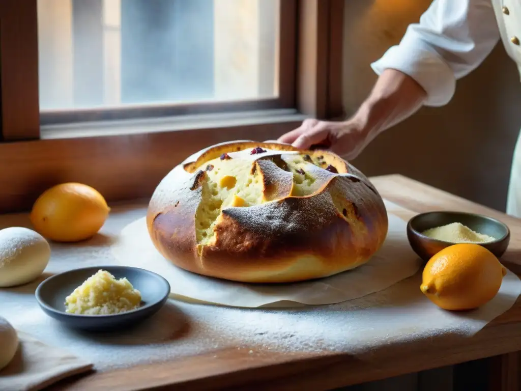 Una imagen documental en alta resolución de la transformación del Panettone Italia en una panadería tradicional, con manos expertas y cálida luz