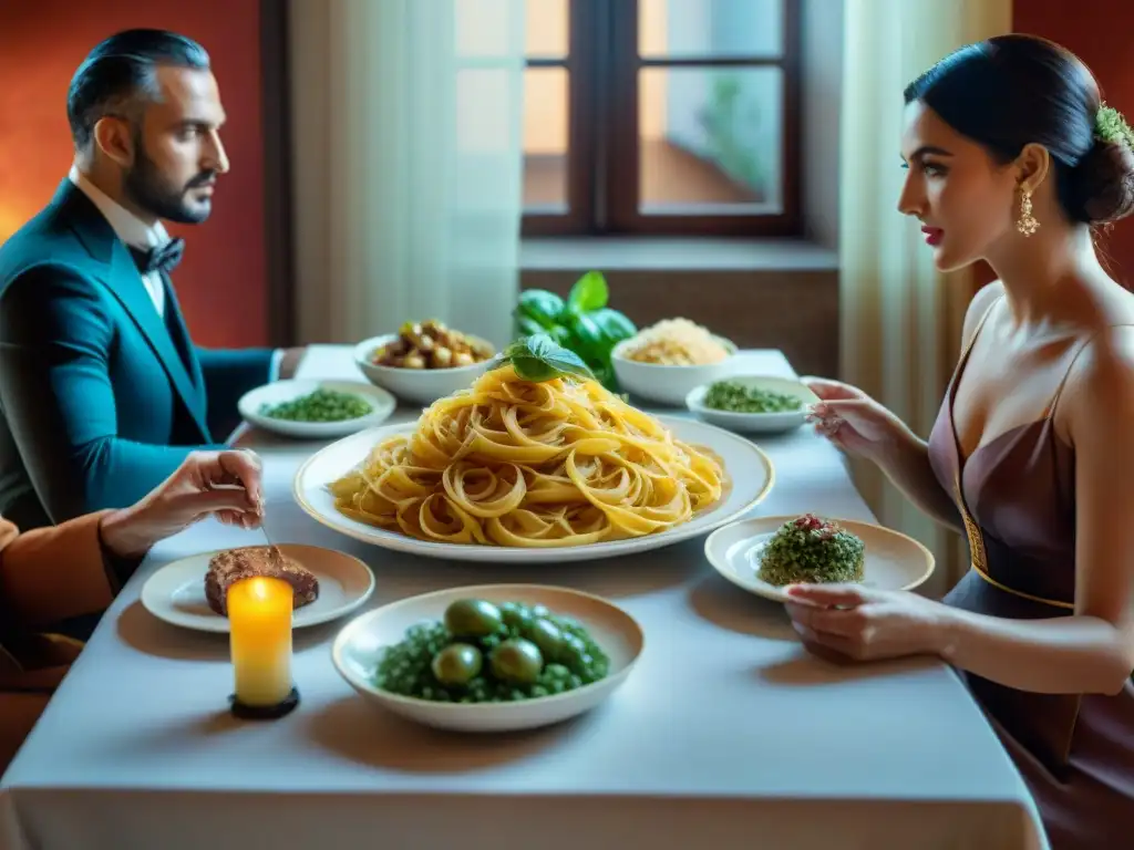 Imagen de escena de 'La Grande Abbuffata' con mesa llena de comida italiana y actores disfrutando, reflejando la cocina italiana en el cine