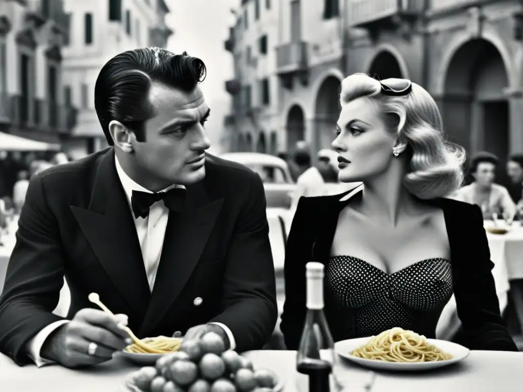 Imagen icónica en blanco y negro de 'La Dolce Vita', con Marcello Mastroianni y Anita Ekberg cenando pasta