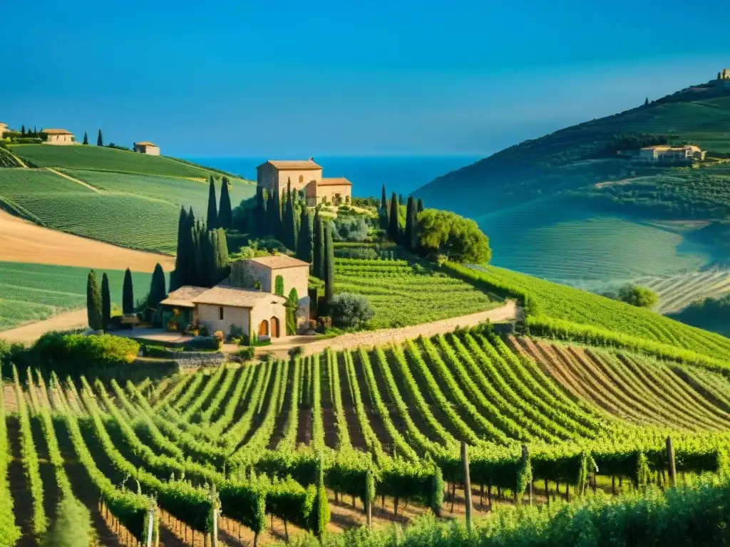 Imagen de un idílico agriturismo italiano entre viñedos verdes, con letrero 'Agriturismo', paisaje de cocina italiana sostenible y agroturismo