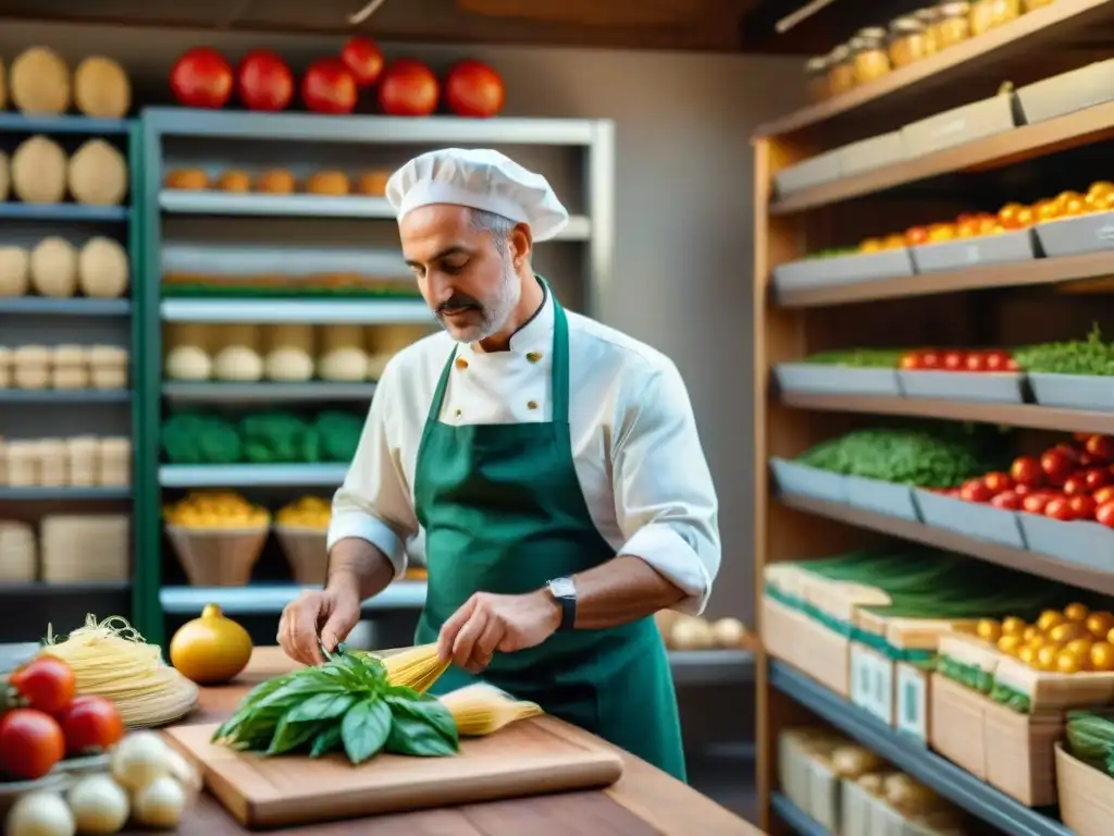 Imagen de un mercado italiano bullicioso con productos frescos y una nonna haciendo pasta a mano, evocando la cocina italiana platos tradicionales