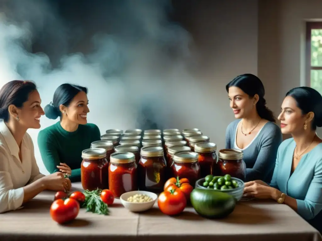 Imagen nostálgica de una familia italiana en torno a una mesa llena de alimentos conservados, mostrando la historia social de Italia