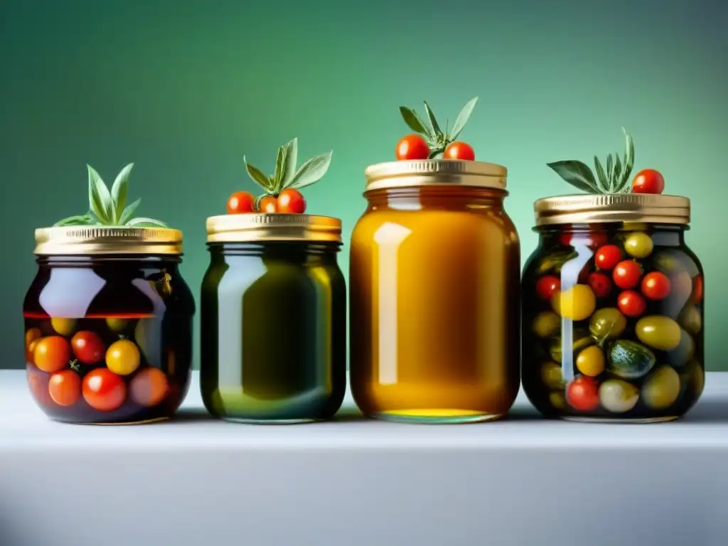 Una imagen vibrante de conservar verduras en aceite italiano: tomates cherry, alcachofas y pimientos en frascos sumergidos en aceite dorado