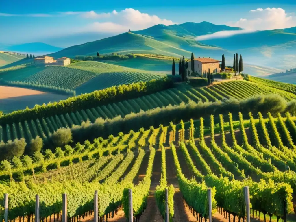 Vivid imagen de la viña en Toscana con cuidadores y casa de piedra