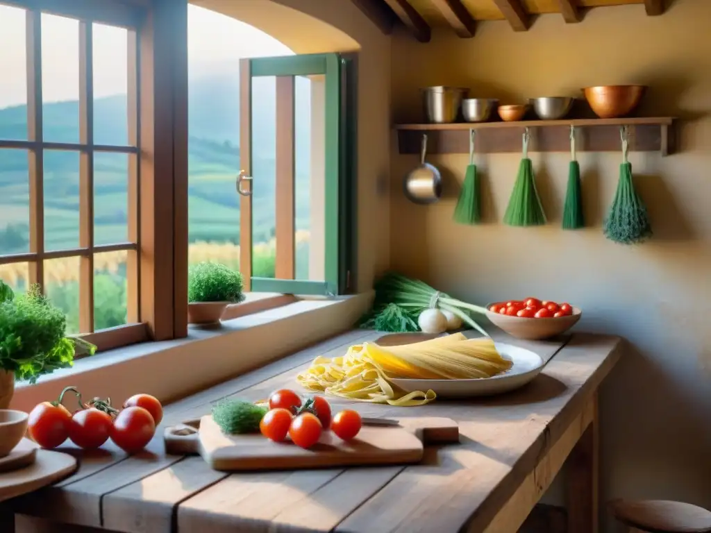 Imágenes de la cocina tradicional de un agroturismo italiano con vegetales frescos y pasta casera