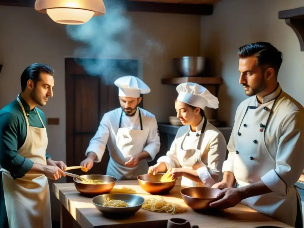 'Importancia mentoría chefs italianos: Jóvenes aprenden arte de pasta fresca en cocina rústica