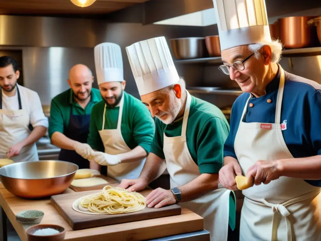 Importancia de mentoría chefs italianos: Un chef italiano mayor guía con destreza a jóvenes aprendices en la elaboración artesanal de pasta en una bulliciosa cocina llena de tradición y camaradería