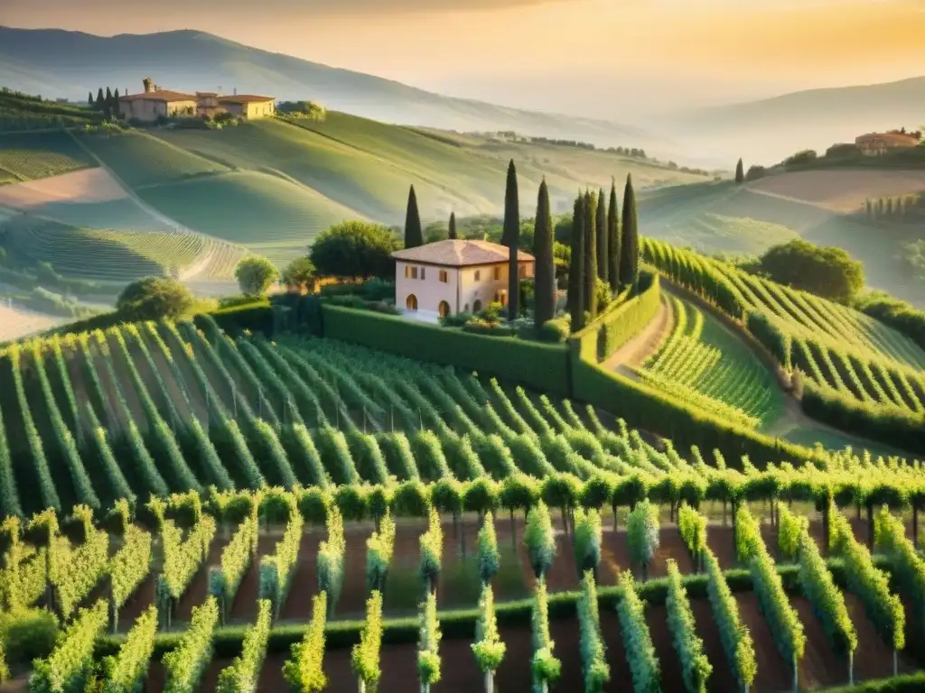 Un impresionante viñedo italiano de lujo con la villa principal rodeada de viñedos verdes y hermosos jardines