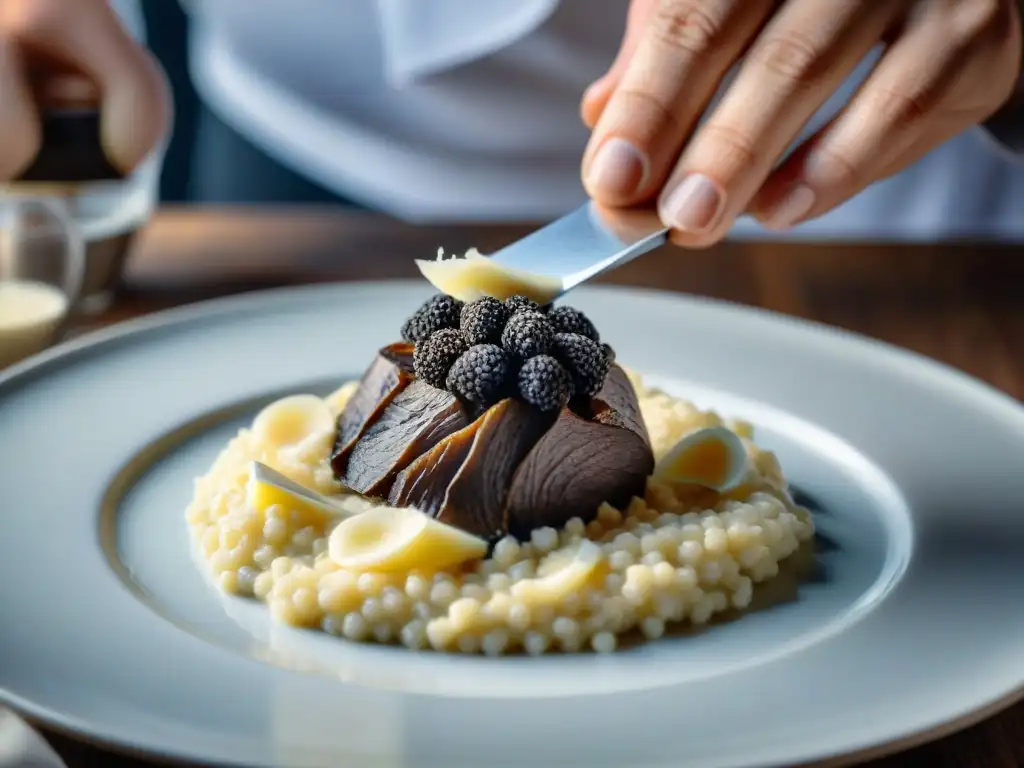 Incorporación de trufa italiana en platos de cocina: Chef rallando trufa fresca sobre risotto cremoso, como valiosos diamantes negros y blancos