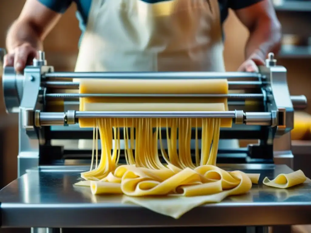 Increíble detalle de máquina de pasta italiana en acción, resaltando la artesanía y precisión