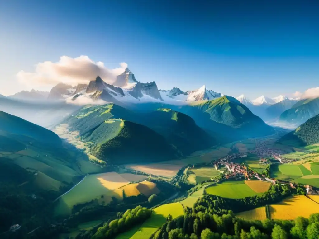 Increíble vista aérea de los majestuosos Alpes nevados sobre el pintoresco campo del norte de Italia, con pueblos y ríos entre valles verdes