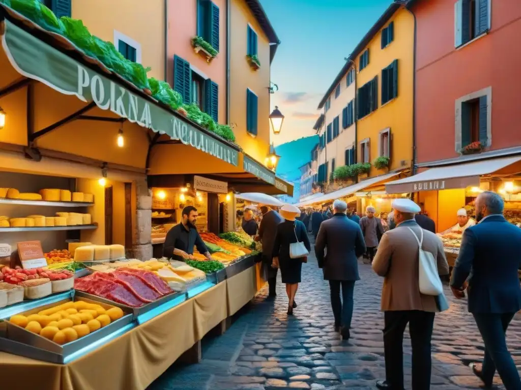 Influencia del arte en gastronomía italiana: Mercado italiano bullicioso con colores vibrantes y delicias culinarias