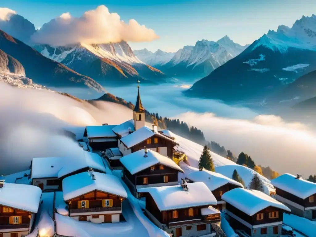 Influencia de los Alpes en la cocina del norte de Italia: aldeas alpinas nevadas con chimeneas humeantes y chalets de madera entre montañas