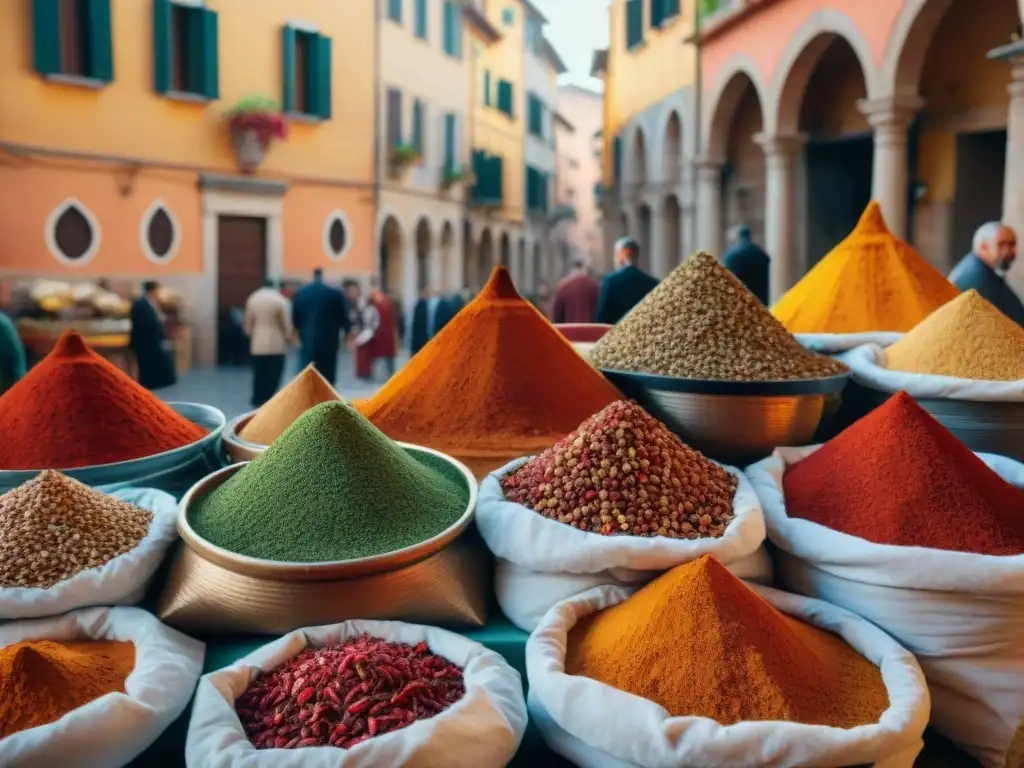 La influencia de las especias en los cambios gastronómicos de Italia, capturada en un bullicioso mercado italiano lleno de color y vida