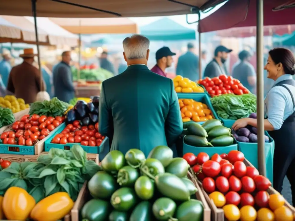 Influencia de las estaciones en la cocina italiana: Escena vibrante de un bullicioso mercado italiano con productos frescos y coloridos