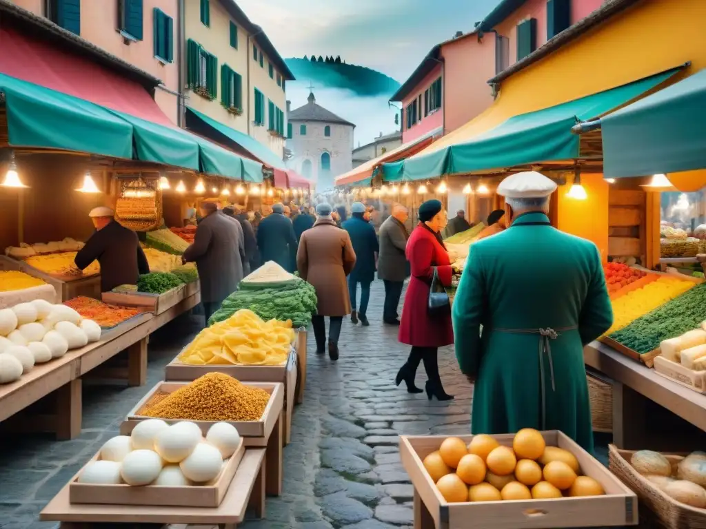 Influencia festividades cocina norte Italia: Mercado de alimentos bullicioso en festival tradicional del norte de Italia